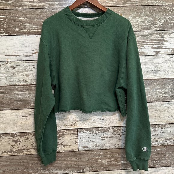 Champion Tops - Champion Forest Green Women's Fleece Pullover Cropped Crewneck Sweatshirt